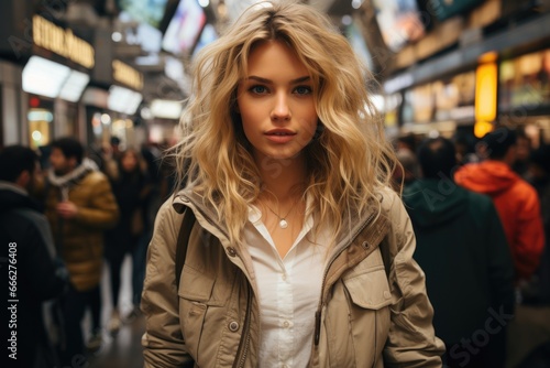 Cityscape Wanderer: Blonde model maneuvering through metropolitan marvels.