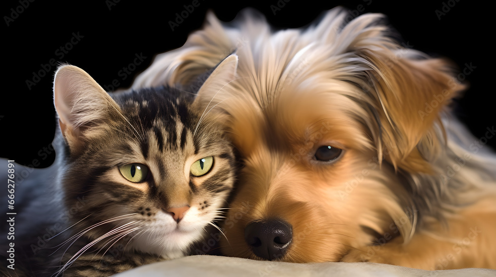 Peaceful Dog and Cat Lying Together on Cozy Sofa - A Display of Animal Friendship and Home Comfort