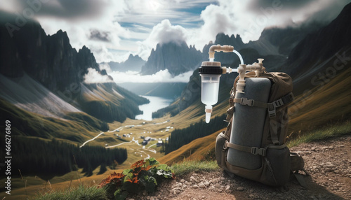 Photo réaliste d'un filtre à eau portable suspendu à un sac à dos de randonnée avec un paysage montagneux en arrière-plan.