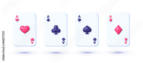 Set of four aces deck of cards for playing poker and casino on white background. Hearts and diamonds casino poker card, black and red suits. Vector illustration