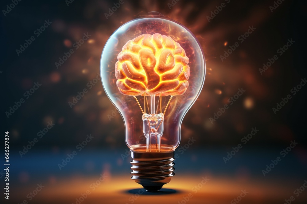 Brain light bulb human brain glowing inside of light bulb. Conceptual symbol of idea and insight Brain light bulb human brain glowing inside of light bulb. Conceptual symbol of idea and insight
