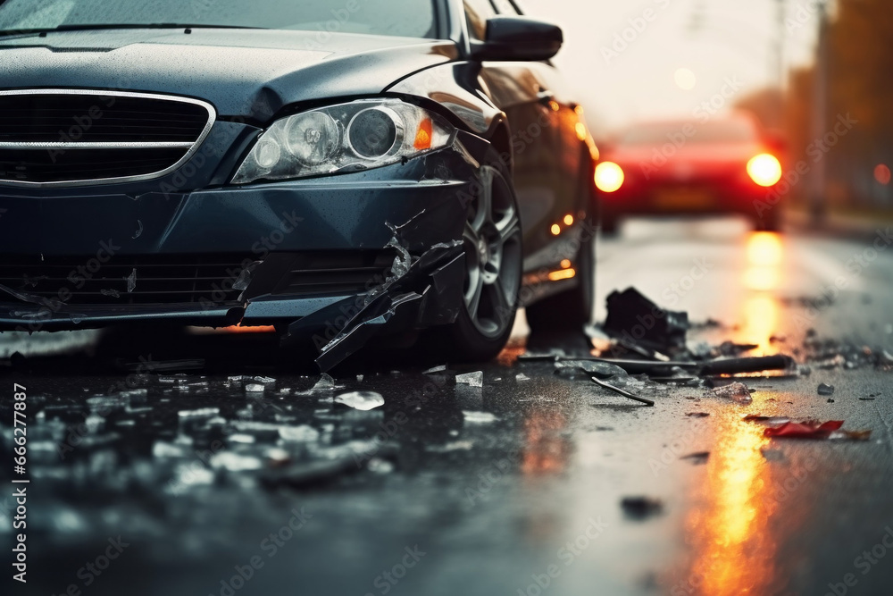 Broken car in an accident. Crash on the road. Background with selective focus and copy space Broken car in an accident. Crash on the road. Background with selective focus and copy space