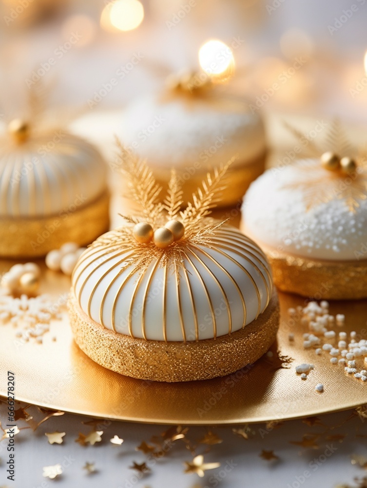 White and gold colored luxury elegantly sweets at Christmas or New Year's Eve with cozy blur background