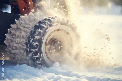 Focused snowblower tires with defocused snow drift in the background. Generative AI © Xiomara