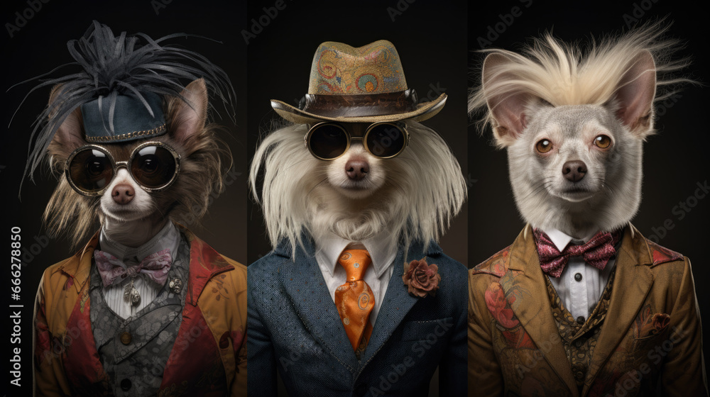 Three dogs dressed as people with suit, sunglasses glasses and hat isolated on black background