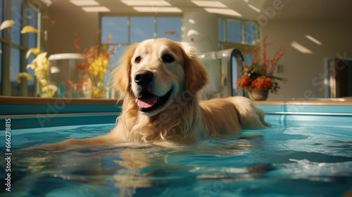 A big dog goes bathing in a pool