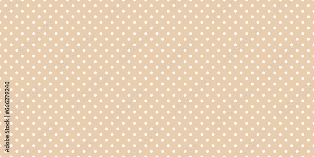Polka dot seamless pattern. White dots on beige repeated background. Swatch template for textile, fabric, plaid, tablecloths, clothes. Vector wide ecru wallpaper Polka dot seamless pattern. White dots on beige repeated background. Swatch template for textile, fabric, plaid, tablecloths, clothes. Vector wide ecru wallpaper