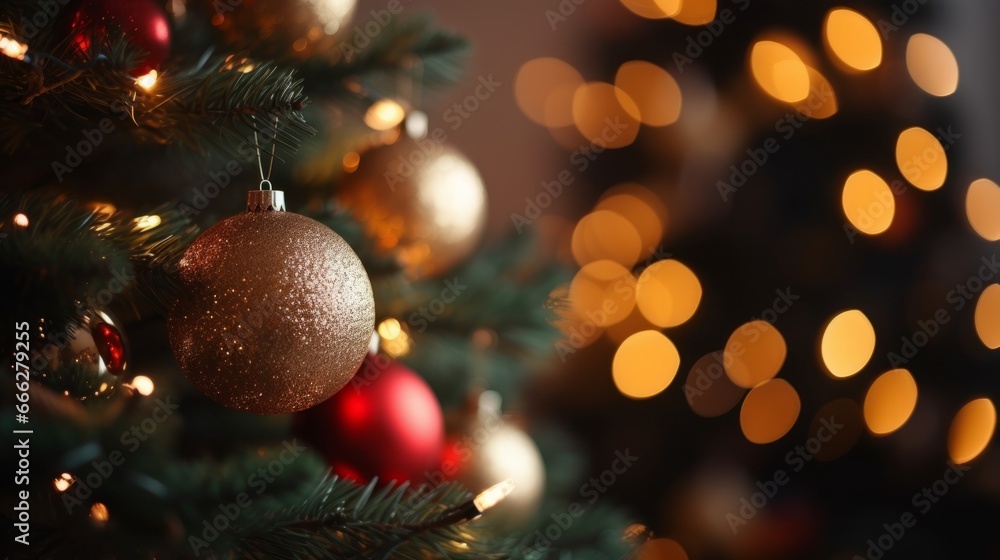 Christmas tree with red gold ornaments and baubles on blurred bokeh lights background. Merry Christmas and happy new year background. Gift card concept. Christmas tree with red gold ornaments and baubles on blurred bokeh lights background. Merry Christmas and happy new year background. Gift card concept.