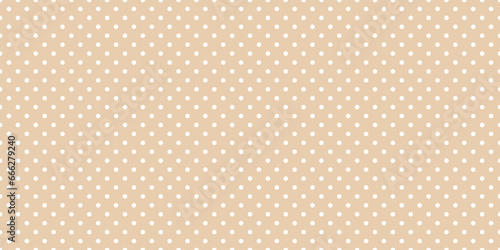 Polka dot seamless pattern. White dots on beige repeated background. Swatch template for textile, fabric, plaid, tablecloths, clothes. Vector wide ecru wallpaper