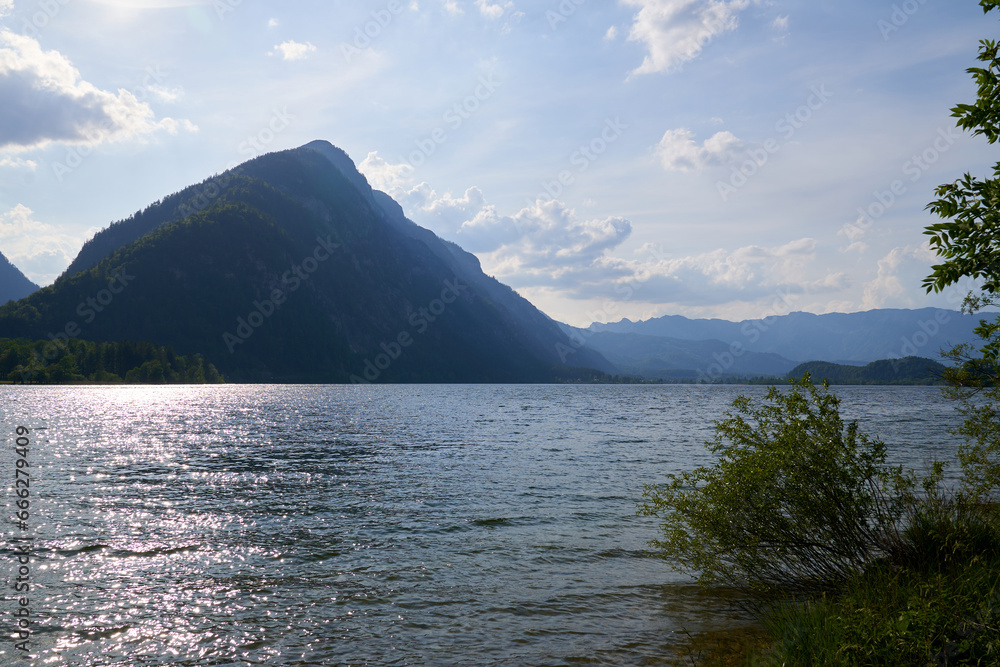 Colorful view of famous Hallstatt lake and Austrian Alps in Hallstatt. Salzkammergut region, Austria.