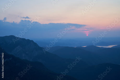 Incredible sunset in the mountains from the Feuerkogel peak, Ebensee, Austria © Trambitski
