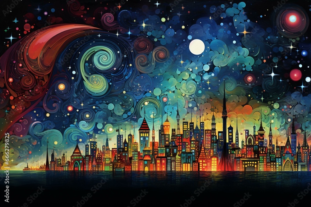 Vibrant cityscape under cosmic sky. Generative AI