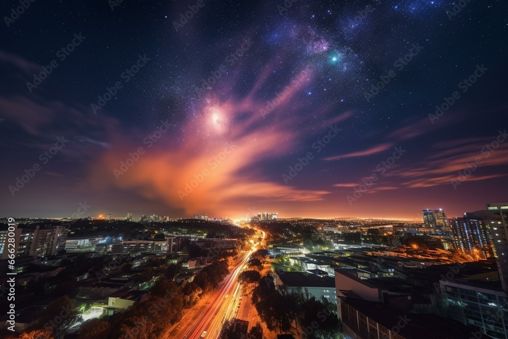 Vibrant nighttime explosion above urban landscape. Generative AI