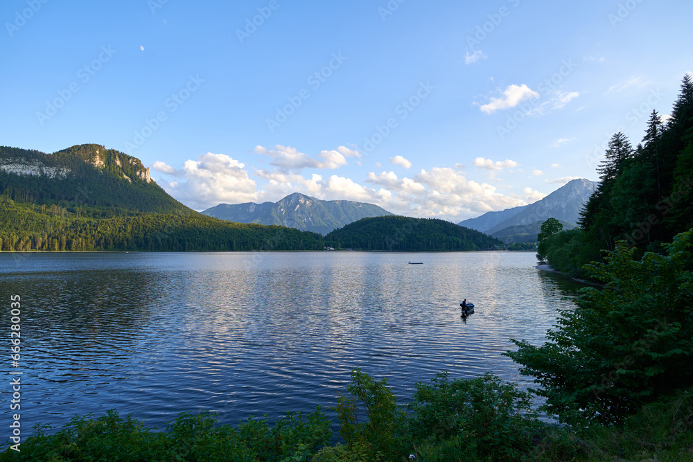 Great view of Dead Mountain above Altaussee lake. Dramatic and picturesque scene. Popular tourist attraction. Location place Austria alps, Altaussee, Europe.