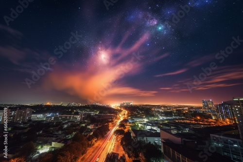 Vibrant nighttime explosion above urban landscape. Generative AI
