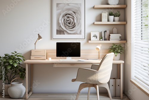 serene beauty of a minimalist home office setup, emphasizing simplicity, clean lines, and tranquility