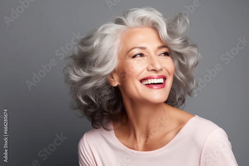 Beautiful gorgeous 50s mid aged mature woman looking away isolated on gray. Mature old lady close up portrait. Healthy face skin care beauty, middle age skincare cosmetics.