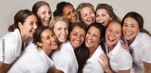 Diverse group of women hugg...