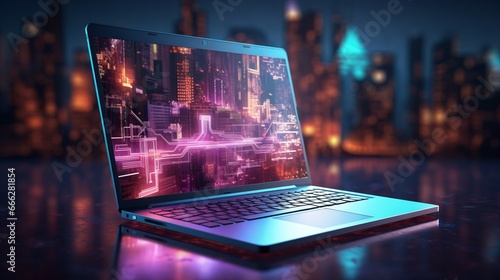 Futuristic abstract laptop. Computer technology, neon screen, display futuristic.