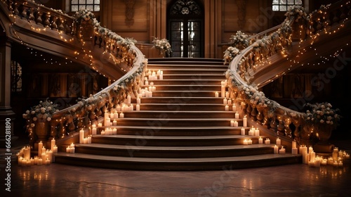 Garlands of twinkling lights adorning a grand staircase  