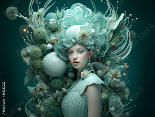 woman and flowers on a green background. surreal 3d landscape.