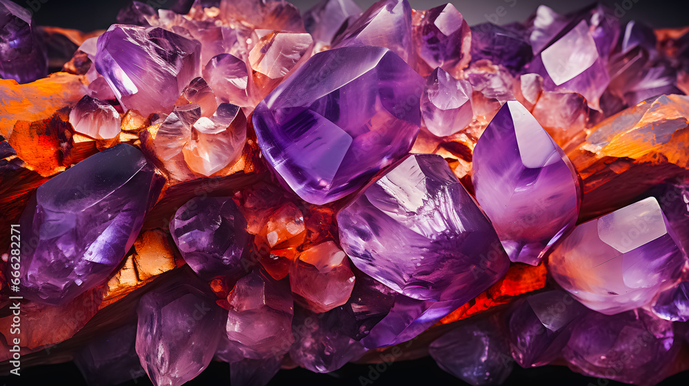 Abstract background of amethyst gemstone.Test is a variety of quartz with a violet, magenta or purplish-violet color. A gemstone covered with gold dust. Purple gemstone pattern. Generative AI Abstract background of amethyst gemstone.Test is a variety of quartz with a violet, magenta or purplish-violet color. A gemstone covered with gold dust. Purple gemstone pattern. Generative AI