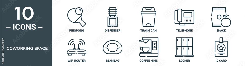 coworking space outline icon set includes thin line pingpong, dispenser ...