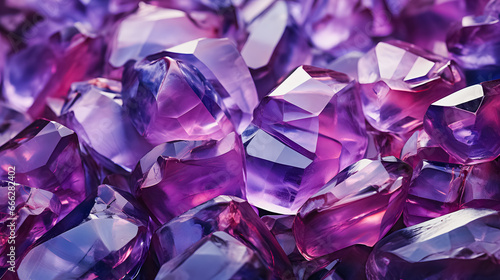 Abstract background of amethyst gemstone.Test is a variety of quartz with a violet, magenta or purplish-violet color. A gemstone covered with gold dust. Purple gemstone pattern. Generative AI