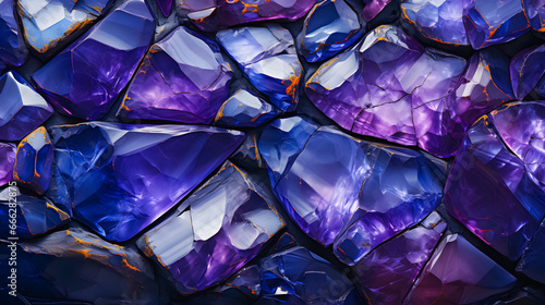 Abstract background of amethyst gemstone.Test is a variety of quartz with a violet, magenta or purplish-violet color. A gemstone covered with gold dust. Purple gemstone pattern. Generative AI