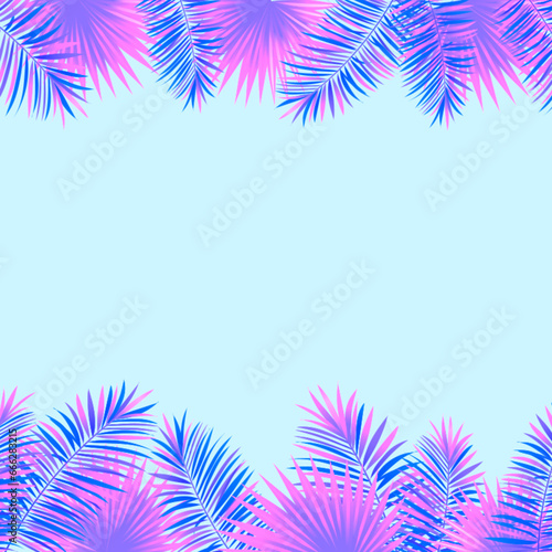 Exotic tropical frame with jungle plants, palm leaves, monstera and place for your text. Nature background. Vector tropic design. Trendy bright colors. Travel, spring, summer, vacation card.