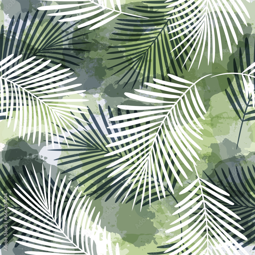 Palm Leaves Pattern. Watercolor Palm leaves seamless vector background, green jungle print textured