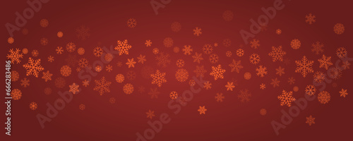 Christmas snowflakes red background. Winter gold snow falling minimal decoration, greeting card. Noel subtle backdrop. Vector illustration