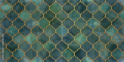 Moroccan Seamless Pattern. Arabic Mosaic Watercolor Ornament. Eid Mubarak Muslim Background. Ramadan Kareem Islamic Illustration. Turkish Mosque Window Shape.