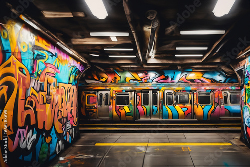 spray paint graffiti wall metro empty subway tube underground urban passage transportation public city illustration