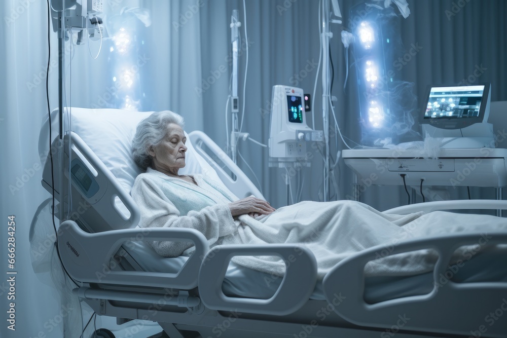 Obraz premium Solitude and Strength: A Woman Faces Illness Alone in the Hospital Room, Embracing Resilience and Healing