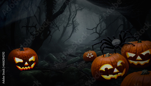 Pumpkin heads, giant spider and really scary cobwebs on dark banner - Halloween background template photo