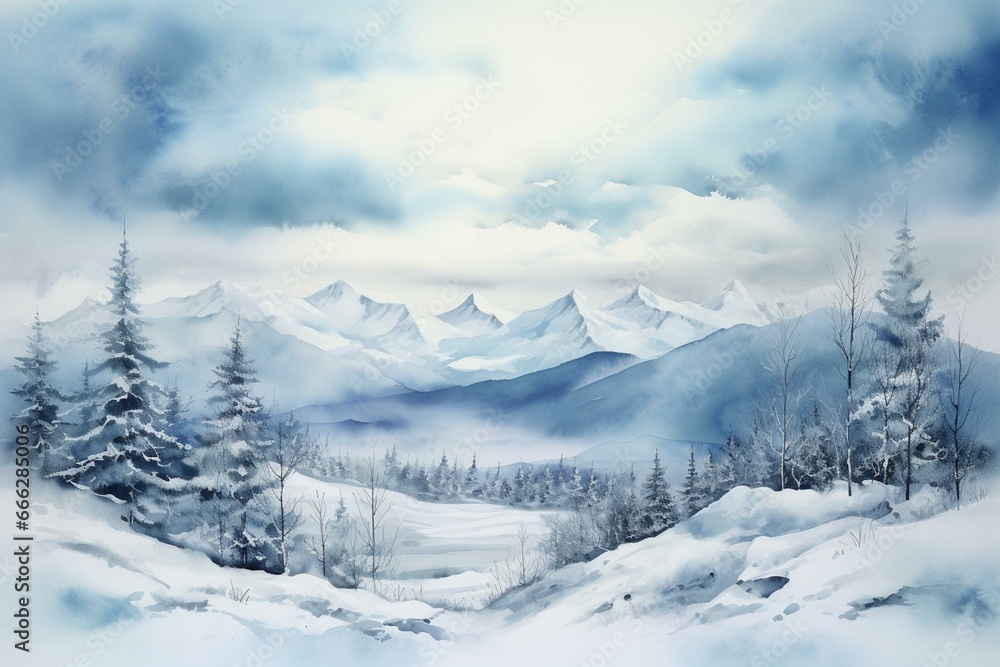 A watercolor painting of a snowy landscape with mountains and a cloudy sky. Generative AI