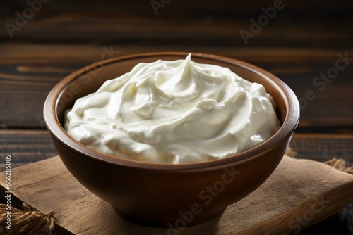 Delicious sour cream in a bowl on a wooden background. Generative AI