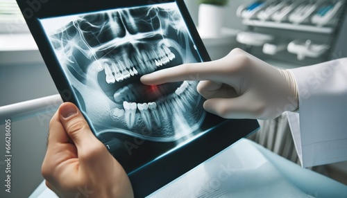 Close-up of a dentist showing a dental x-ray to a concerned patient, pointing out areas that require attention.
