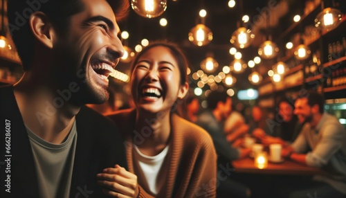 Close-up photo of two individuals sharing a moment of laughter in a lively cafe, their faces lit up by the warm glow of hanging lights.