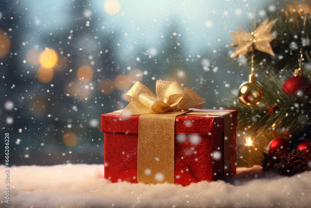 Christmas gift with ribbon, blurry background, bokeh - Generative AI Christmas gift with ribbon, blurry background, bokeh - Generative AI