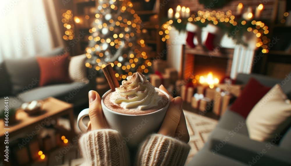 close-up details of a hand holding a steaming cup of hot cocoa, topped with whipped cream and a sprinkle of cinnamon.