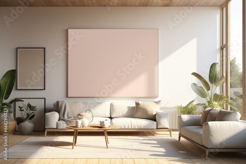 View of a sunny living room with a blank poster. Generative AI