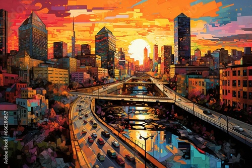 A vibrant and colorful image showcasing a urban landscape at sunset with tall buildings and a modern bridge. Generative AI