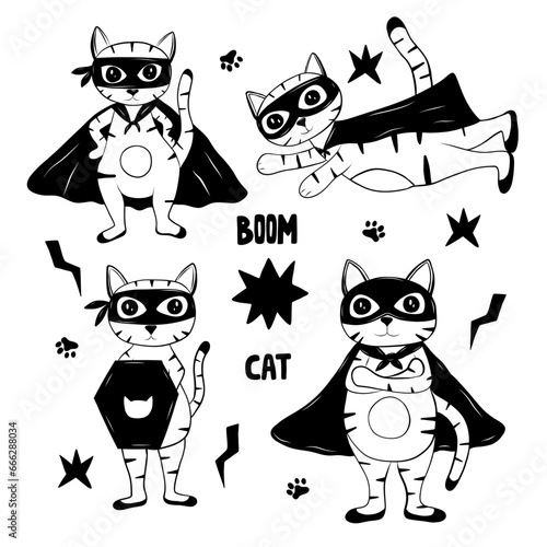 Set with cat super hero in hand drawn doodle style