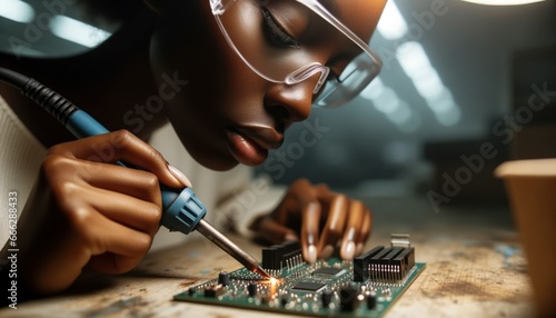 close-up of a woman with dark skin, wearing safety goggles, meticulously soldering a circuit board in a well-lit workspace. photo
