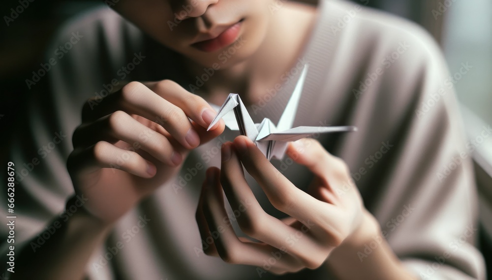 A close-up shot of an individual with medium skin tone expertly crafting an origami crane.