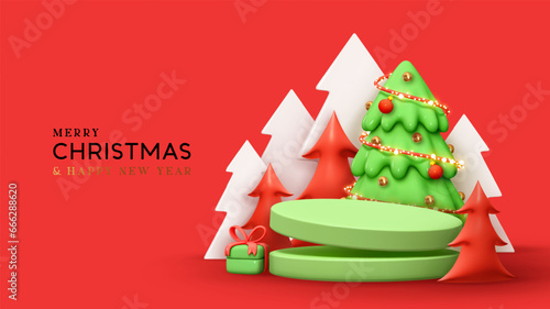 Christmas and New Year red background. Round studio podium with Christmas trees and gift box. Realistic 3d design with festive elements. Holiday Xmas banner, web poster. Vector illustration