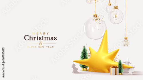 Christmas and New Year background. Xmas pine fir lush tree. Yellow star, white golden gifts box. Glass Balls hanging on ribbon. Bright Winter holiday composition. Vector illustration