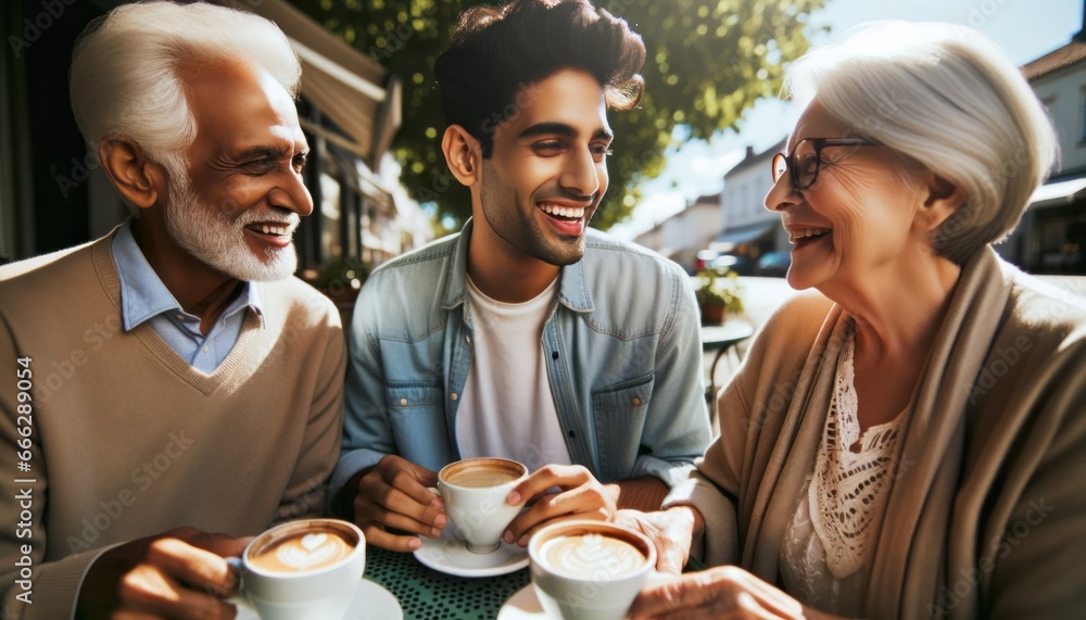 Close-up of a diverse group of three friends, an Indian woman, a Hispanic man, and an elderly European woman, sitting outdoors at a cafe. Close-up of a diverse group of three friends, an Indian woman, a Hispanic man, and an elderly European woman, sitting outdoors at a cafe.